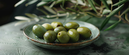 A bowl filled with green olives is placed on top of a wooden table. The shiny olives glisten under the light, creating a simple yet appetizing display.の素材