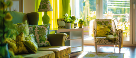 This image showcases a typical living room filled with various pieces of furniture, including a sofa, coffee table, chairs, and a TV stand. The room is adorned with green curtains, adding a pop of color to the space.の素材