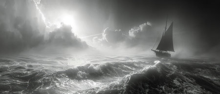 A boat is seen navigating through turbulent waves in the middle of a stormy ocean. The dark clouds loom overhead, and powerful winds whip the water into whitecaps.の素材