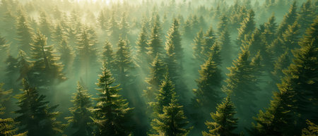 A dense forest filled with countless green trees as far as the eye can see. The canopy is thick and vibrant, with the sunlight filtering through the leaves creating patterns on the forest floor.の素材