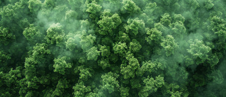 This aerial view captures a dense green forest, showcasing a myriad of tall trees and lush foliage. The canopy forms a thick layer of green, punctuated by the occasional clearing or winding river.の素材