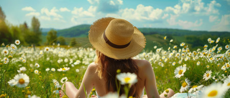 A woman wearing a hat sits among a vast field of daisies, surrounded by the white and yellow blooms. The sun shines brightly overhead, casting shadows across the grass as the woman enjoys the beauty of nature.の素材
