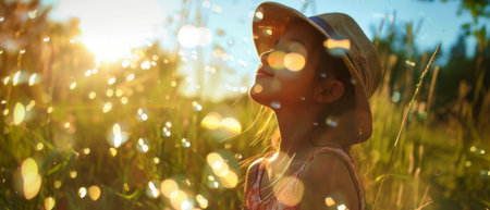 A woman wearing a blue dress standing in a vast field filled with tall green grass. The sunlight illuminates her figure, casting a shadow on the ground. She appears to be gazing into the distance, surrounded by the natural beauty of the outdoors.の素材