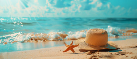 A straw hat and a starfish rest on the golden sand of a beach. The hat casts a shadow, and the starfish lies motionless on the grains. The scene captures a moment of stillness under the bright sun.の素材