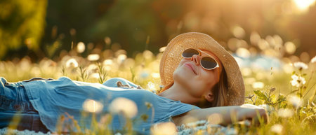 A woman is lying down in the grass, wearing a hat and sunglasses. She appears and relaxed is enjoying the outdoors on a sunny day.の素材