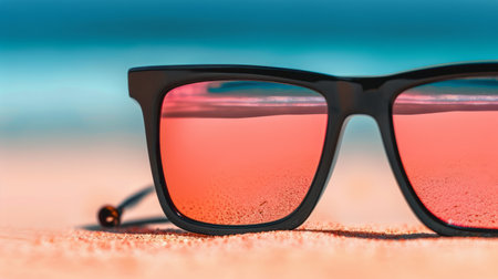 A pair of sunglasses resting on top of a sandy beach, with the waves gently lapping at the shore in the background. The beach is empty, with seagulls flying overhead and footprints visible in the sand.の素材