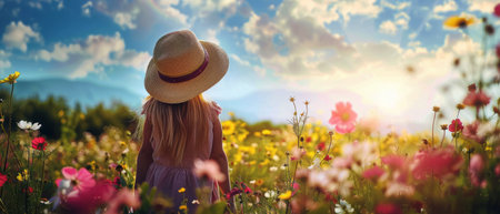 A young girl standing gracefully in a vibrant field of colorful flowers, surrounded by natures beauty. She appears curious and captivated by the blooming flowers around her.の素材