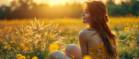 A woman is sitting in a vast field of bright yellow flowers. The sun shines overhead as she gazes at the surrounding blooms, immersed in the beauty of nature.の素材