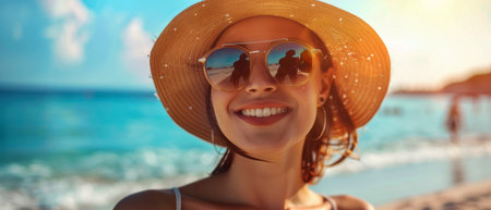 A woman with a hat and sunglasses is standing on the sandy beach. She looks out towards the ocean under the clear blue sky. The waves gently break in the background as she enjoys the sunny day.の素材