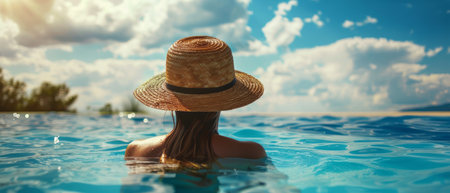 A woman with a hat is standing in a pool of water. She is wearing swimwear and appears to be enjoying the cool water on a sunny day.の素材
