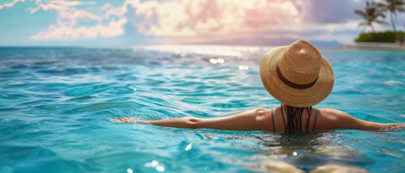 A woman wearing a hat is seen floating in a pool of water, with her body partially submerged. The woman appears relaxed and is enjoying the calming sensation of being buoyant in the pool.の素材