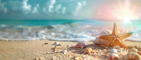 A starfish and various shells scattered on a sandy beach. The starfish is intact, showing its characteristic shape, while the shells are of different sizes and colors, adding interest to the scene.の素材