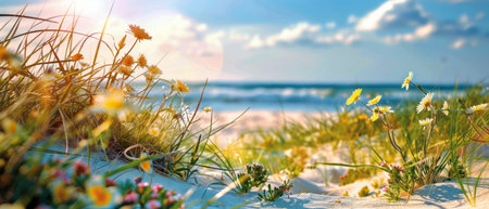 A sandy beach featuring patches of vibrant green grass and colorful flowers scattered throughout. The natural scene showcases the coexistence of land and sea elements in a harmonious blend of textures and colors.の素材