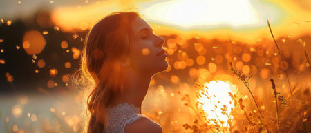 A woman is standing in a field with the sun positioned directly behind her, casting a strong backlight. The woman is facing away from the camera, her silhouette outlined by the bright sun. The field is filled with tall grass and wildflowers, swaying gently in the breeze.の素材