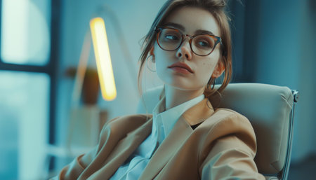 A woman with glasses is seated in a chair. She appears focused and engaged in her surroundings. The glasses frame her face, enhancing her thoughtful expression.の素材