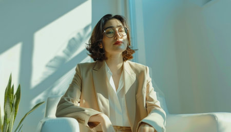 A woman is seated on a couch in a room, surrounded by various furniture and decor items. The room appears cozy and inviting, with soft lighting enhancing the comfortable atmosphere. The woman seems relaxed as she sits, possibly engaged in reading or watching TV.の素材