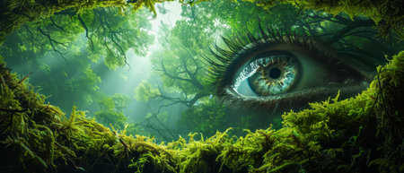 An eye, surrounded by trees and foliage, stars out from the midst of a dense forest, creating an eerie and mysterious scene.の素材