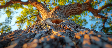 A tree with a hollow in the center, revealing the inner structure of the trunk. The hole appears large enough to enter, allowing a peek into the trees inner workings.の素材