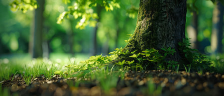A tall tree growing in the center of a grassy area, surrounded by greenery under a clear sky on a sunny day.の素材