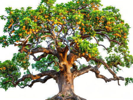A tree heavy with bright orange oranges, ready for harvesting. The branches are bending under the weight of the fruit, with some oranges already fallen to the ground.の素材