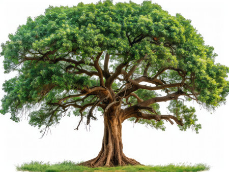 A large tree with vibrant green leaves is depicted against a clean white background. The tree stands tall and proud, showing its lush foliage in full bloom.の素材