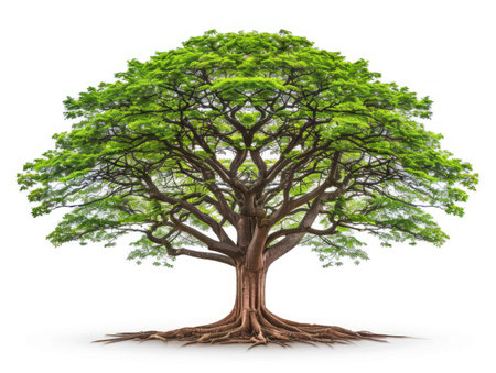 A large tree with lush green leaves stands tall against a clean white background. The leaves are vibrant and full, giving the tree a healthy appearance. The simple color contrast between the tree and the background highlights the natural beauty of the foliage.の素材