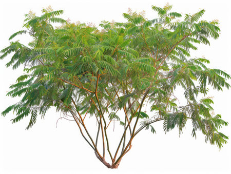 A small tree stands prominently in the image, adorned with a plethora of lush green leaves. The branches are full and dense, creating a vibrant and lively appearance.の素材