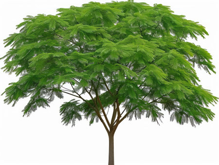 A tree with vibrant green leaves stands out against a white background. The leaves are lush and full, showing the trees healthy growth and vitality.の素材