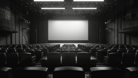 An empty theater with rows of seats facing towards a large projector screen at the front. The screen is blank, and the theater is devoid of any audience or activity.の素材