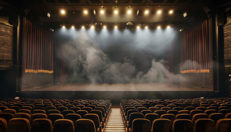 An empty theater is shown with smoke billowing out of the seats. The atmosphere is eerie and mysterious as the smoke fills the empty space, creating a haunting visual.の素材