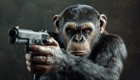 A monkey is shown in the frame holding a gun in its hand and pointing it directly at the camera with a serious expression. The monkeys stance is aggressive and threatening, creating a tense and dangerous atmosphere.の素材