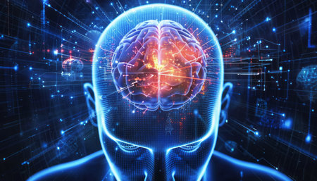 A mans head is depicted with a glowing brain at its center. The brain emits a bright light, symbolizing intelligence and knowledge.の素材