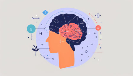 A detailed view of a persons head with a brain prominently displayed in the center. The brain is the main focus, showing its intricate structures and lobes.の素材