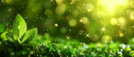 This photo shows a close-up view of a lush green plant with water droplets glistening on its leaves. The plant is vibrant and healthy, and the droplets indicate recent watering or rainfall, adding to its freshness.の素材