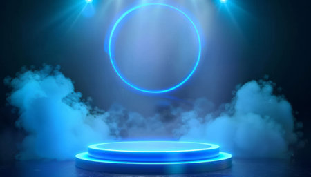 A stage with a circular light positioned in the center, illuminating the performance area. The light casts a focused beam, creating a spotlight effect on the stage.の素材