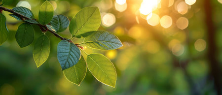 A branch of a tree adorned with vibrant green leaves, showing the beauty of nature in its simplest form. The leaves are lush and healthy, adding a touch of freshness to the scene.の素材