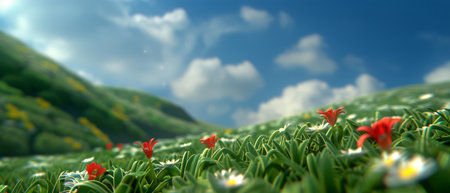 A field with lush green grass is dotted with vibrant red and white flowers, creating a colorful and cheerful scene. The sun shines overhead, casting a warm glow on the blossoms swaying in the gentle breeze.の素材