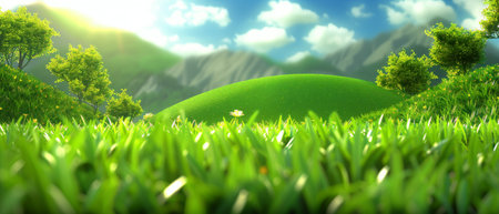 A vibrant green field stretches out with various trees scattered throughout, leading the eye towards majestic mountains in the distance. The scene is dominated by the lush vegetation, creating a serene landscape under the clear sky.の素材