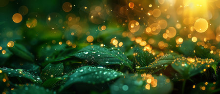 A detailed view of a plant covered in water droplets, highlighting the intricate patterns and textures. The droplets glisten under the light, adding a sense of freshness and vitality to the plant.の素材