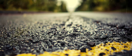 A wet road with bright yellow lines running down the center, surrounded by trees in the background. The rain has left the surface glistening, reflecting the overcast sky above.の素材