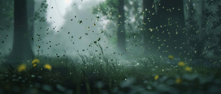 In the foggy forest, yellow flowers dominate the scene, creating a vibrant contrast against the misty backdrop. The forest is filled with a sea of yellow blooms, adding a cheerful and colorful touch to the otherwise gloomy atmosphere.の素材