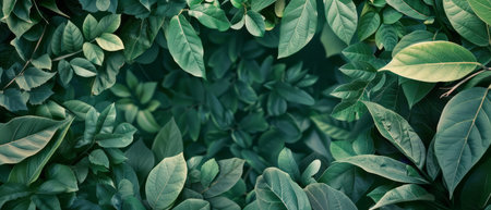 A detailed view of multiple green leaves clustered together, showing their variations in size, shape, and texture. The leaves are vivid in color and show intricate veining patterns under natural lighting.の素材