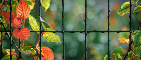 In this close-up shot, a wooden fence is covered with vibrant green leaves. The leaves are intertwined with the slats of the fence, creating a natural and rustic aesthetic. The texture of the wood and the fresh leaves adds depth and contrast to the image.の素材