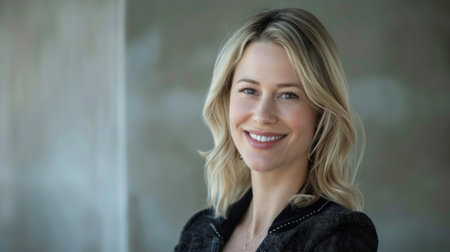 A woman with blonde hair wearing a black jacket is standing in the foreground, looking directly at the camera. She appears confident and stylish, exuding a sense of urban coolness.の素材
