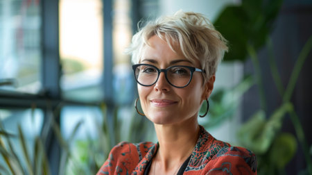 A woman wearing glasses is seated in front of a green plant. She appears to be focused or contemplating as she gazes at the plant in front of her.の素材