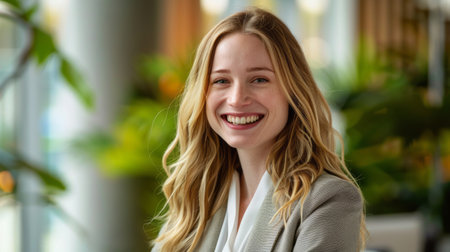 A woman with long blonde hair is looking directly at the camera with a smile on her face. The woman appears happy and confident as she poses for the photograph.の素材