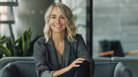 A woman is seated on the backrest of a couch in a well-lit living room, surrounded by decor and furniture. She appears comfortable and relaxed in her sitting position.の素材