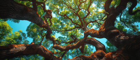 A large tree stands tall, its numerous branches spreading out in all directions against a clear blue sky background. The trees branches are full of leaves, creating a lush and vibrant canopy.の素材