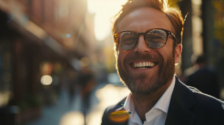 A middle-aged man wearing a tailored suit and glasses is smiling directly at the camera with a confident expression. The man appears professional and well-groomed, exuding a sense of authority and intelligence.の素材