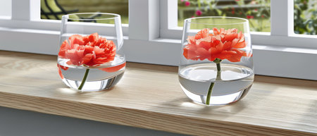Two vases containing colorful flowers are placed on a window sill, with the sunlight streaming in to illuminate them.の素材
